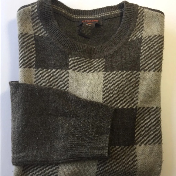 Dockers Men Crew Neck Sweater Check Houndstooth Print Med Grey Taupe - Picture 14 of 15